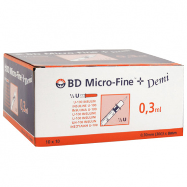 BD seringue à insuline 0,3 ml 0,30 mm (30G) x 8 mm (100 pièces)